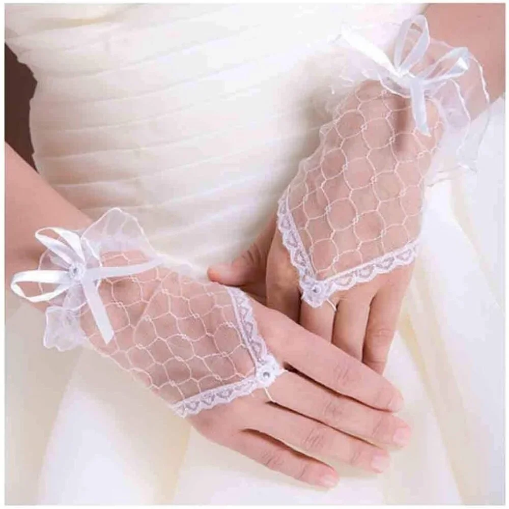 Women's Rhinestone White Bow Lace Gloves Fingerless Bridesmaids Accessories